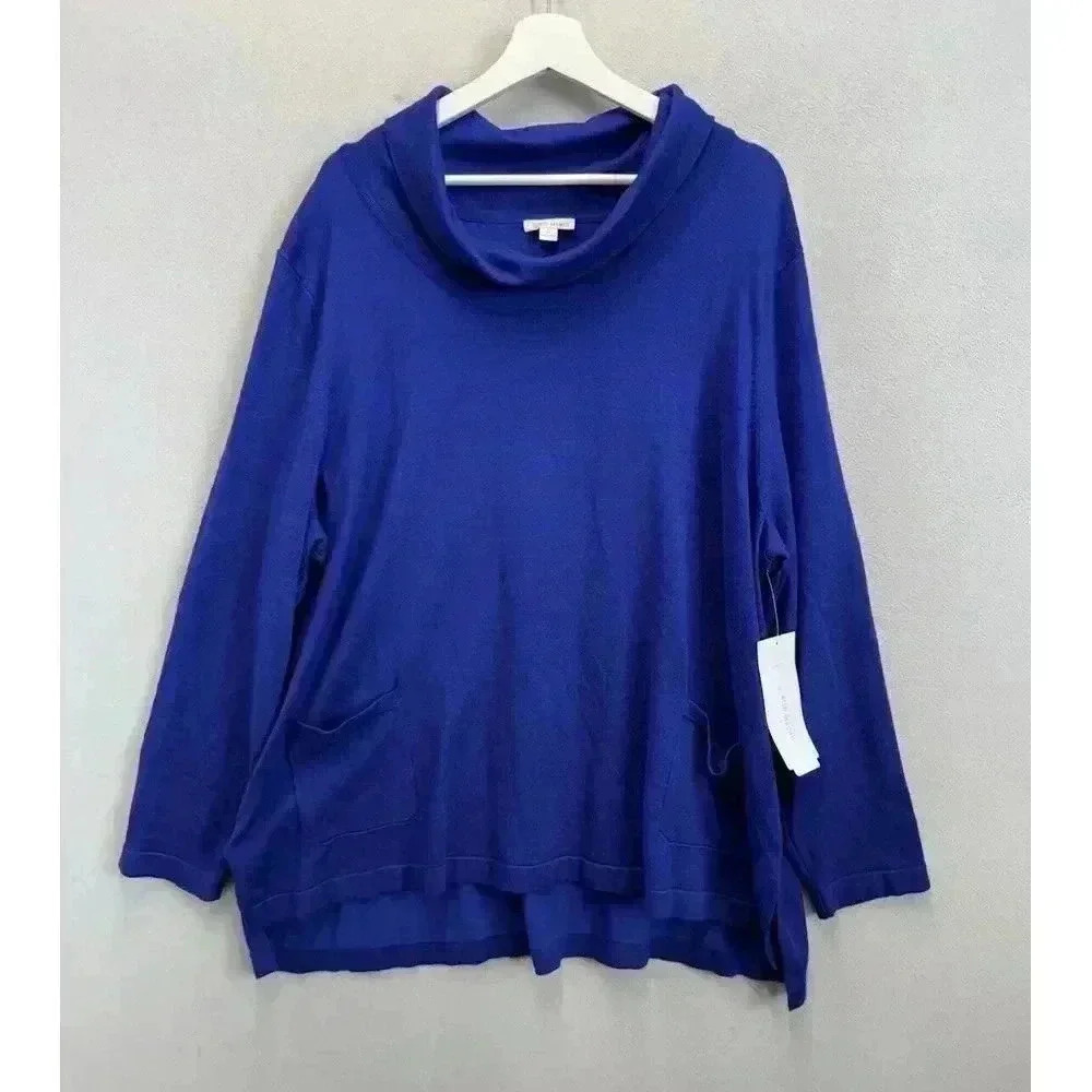 NWT Erin London Women's Plus Sz 1x Blue Pullover Cowl Neck High Low Sweater